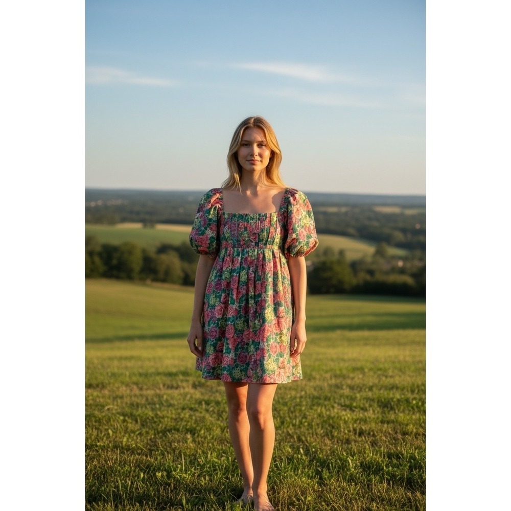 THML Pink Green Floral Puff Sleeve Smocked Back Mini Dress Size Small New